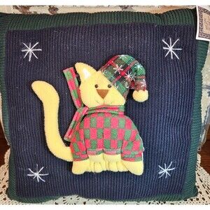 NOS Vintage Corduroy Kitty Cat in a Scarf Hat & Coat 3 D Christmas Pillow